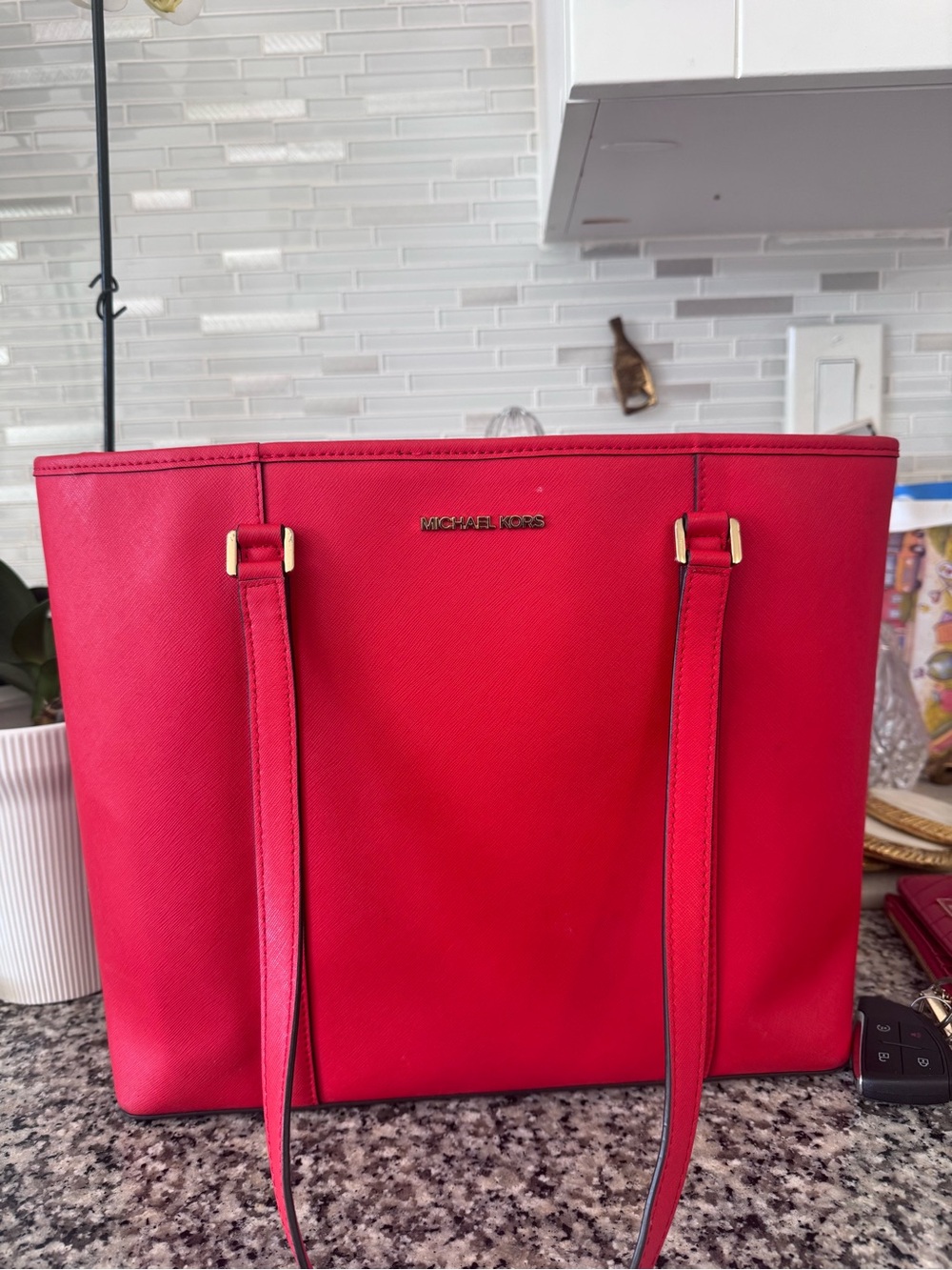 Michael Kors Bright Red Saffiano Tote with Gold Hardware